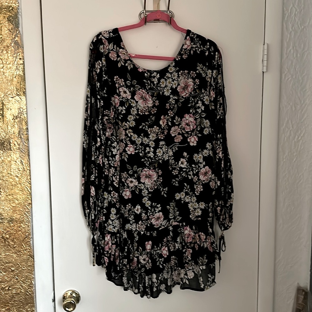 Jaase black floral tunic blouse mini dress XL